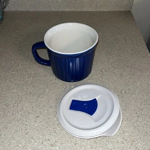 CorningWare Colours Soup Mug Blue 20 oz Cup Stoneware Vented Lid White - Picture 1 of 6