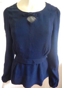 Jigsaw stylish 1940s-look navy blue peephole peplum crepe top size 10 - Picture 1 of 5