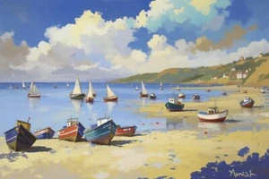 Sunset Seaside Beach Seascape Boats Canvas Picture Print Wall Art - Picture 1 of 3