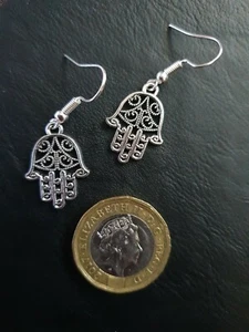 Ladies Hamsa Hand Hook Earrings Hand Of Fatima / Miriam Luck Power Protection - Picture 1 of 6
