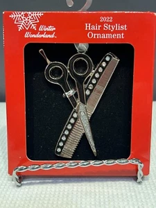 Tijeras y peine para peluquero adorno de Navidad plateado con pedrería nuevo en caja - Imagen 1 de 3