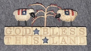 Blossom Bucket Suzi Skoglund God Bless This Land Sheep Sign Figurine Flag - Picture 1 of 4