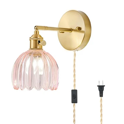 Aplique de Pared Enchufable, Aplique Lámpara Vintage con Pantalla de Cristal Rosa Tulipán, Be... Foto 1 de 4