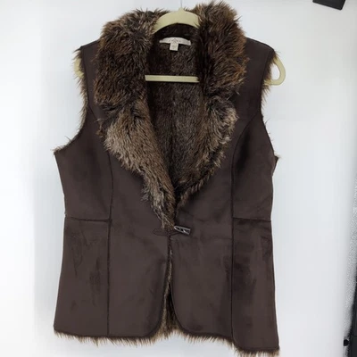 Chaleco de gamuza vintage Y2K años 90 fiebre imitación piel marrón oscuro abrigo sin mangas talla L Foto 1 de 4