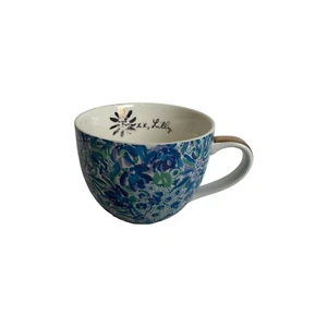 Lilly Pulitzer HIDDEN Lion Blue Floral Coffee Tea Mug Gold Trim 12oz Abstract - Picture 1 of 6