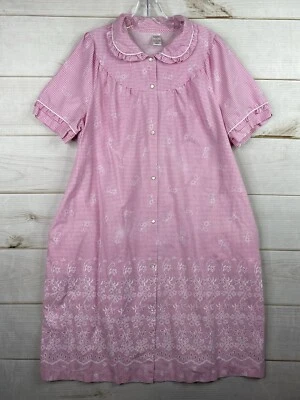 CLASSIC ELEMENTS Nightgown Womens L Pink Checkered Floral Pearl Snap Vintage - Image 1 of 4