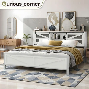 Farmhouse King Size Bed Frame Sliding Headboard Storage w/ Charging Port Station - Picture 1 of 11