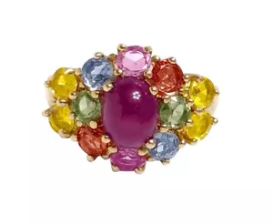 Anello Oro Giallo 14k Rubino & Multi Zaffiro Cabochon Taglio Ovale Rarità - Foto 1 di 6