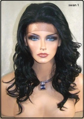 Peluca frontal de encaje en capas # 1 negra segura para el calor rizada ondulada hasta el hombro Swa Foto 1 de 4