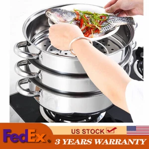 3 Tier Steamer Hot Pot Stainless Steel Cooker Steam Pot Food Cooking + Glass Lid - Picture 1 of 9