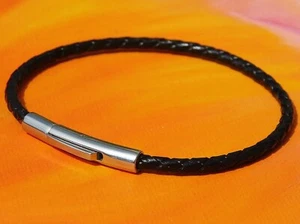 Mens /ladies 3mm Black braided leather & stainless steel bracelet - Lyme Bay Art - Picture 1 of 3