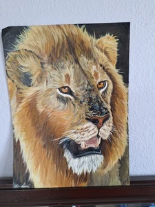 Scarnose Lion Portrait Original Painting Oil On Canvas Paper Signed - Picture 1 of 3