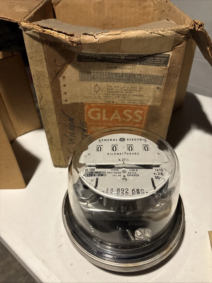 Medidor de vatio-hora General Electric I-55-S - Cat. 644X69 - CL 100, 120 Nuevo Stock Antiguo Foto 1 de 4