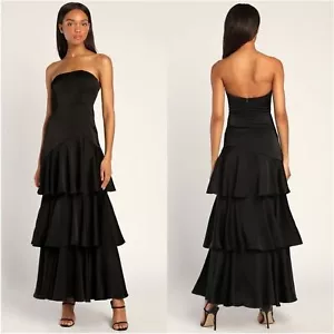Maxi abito a strati senza spalline in raso nero Lulu’s Blissfully Beautifully Beautifuly nuovo con etichette taglia XL - Foto 1 di 7