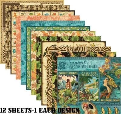 GRAPHIC 45 "TROPICAL TRAVELOGUE" 12X12 PAPER 12 PCS COMPLETE SET SCRAPJACK'S PL. - Image 1 of 4