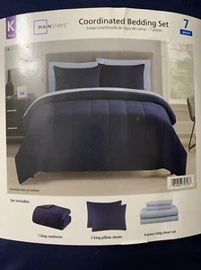 Mainstays Letto Baia Blu in Borsa Set 7 Pezzi Trapuntino, Lenzuola, Federe - King - Foto 1 di 9