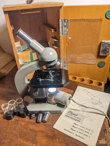 Vintage Elgeet Olympus Model H Microscope With Wooden Case Box + Illuminator - Picture 1 of 23