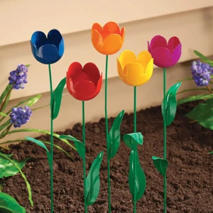 Set of 5 Colorful Spring Tulip Metal Garden Stakes Outdoor Flower Yard Art Decor - Picture 1 of 6