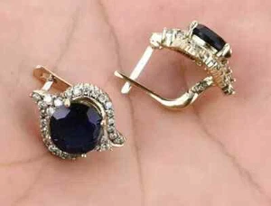 2 Ct Round Cut Sapphire Lab-Created Diamond Hoop Earrings 14K Yellow Gold Plated - Picture 1 of 5