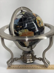 9.5" Tall Black Ocean Silver 3 Leg Table Stand Gem MOP Gemstone World MAP Globe - Picture 1 of 6