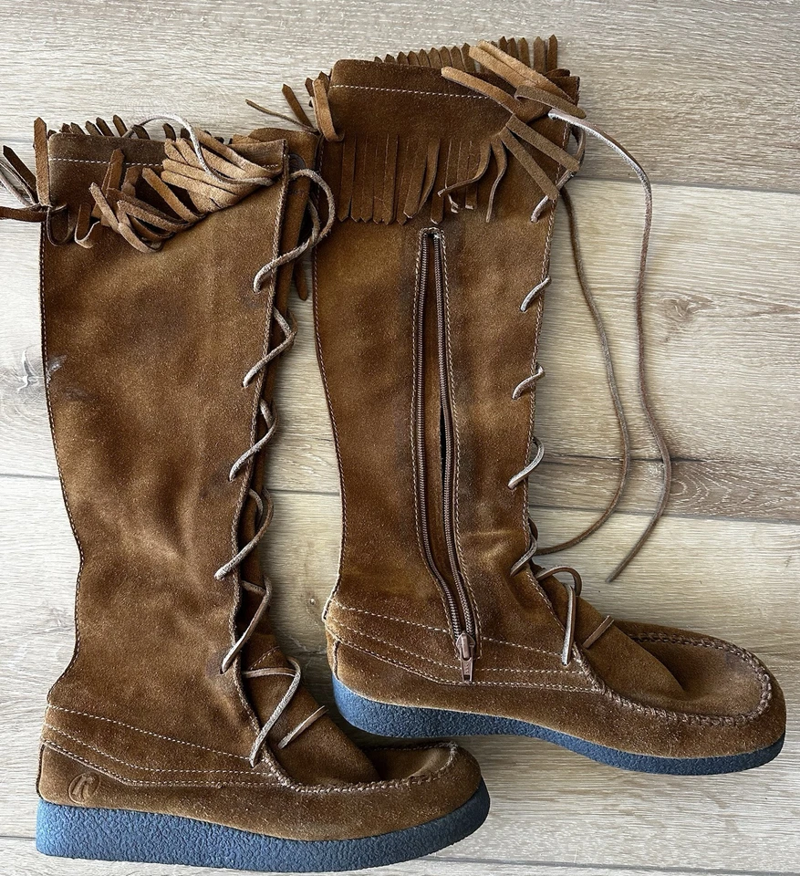 Botas altas mocasín de gamuza Report Dingo para mujer talla 8 con cordones flecos cuero Foto 1 de 4