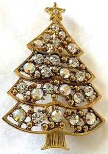 Eisenberg Ice Signed Vintage Gold Christmas Tree Borealis Rhinestones Pin Brooch - Picture 1 of 3