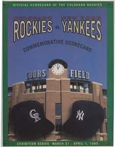 1995 New York Yankees vs Colorado Rockies serie de exposiciones programa de tarjetas de puntuación casi nuevo - Imagen 1 de 6