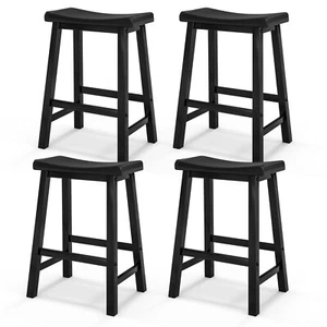 Set of 4 Saddle Bar Stools Counter Height Dining Chairs w/ Wooden Legs Black - Picture 1 of 9