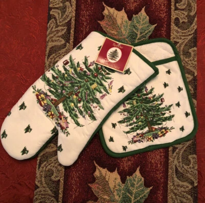 Spode CHRISTMAS TREE Pot Holder and Oven Mitt Set Holiday Green Trim NEW - Image 1 of 2