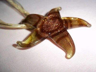 Glass Lampwork TAN and COPPER Star Pendant on TAN Ribbon Necklace J-213 - Image 1 of 4