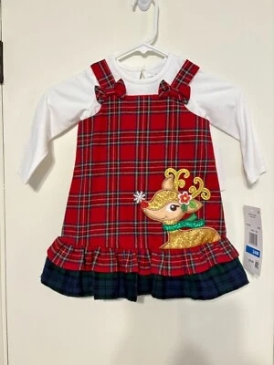Редкие издания Рождество клетку оленей джемпер платье + белый боди 24 Mos новый с Ярлыками - Изображение 1 из 4