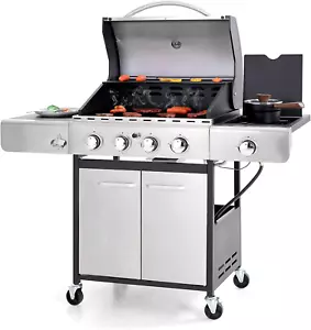 4-Burner Propane Gas Grill with Side Burner and Porcelain-Enameled Cast Iron Gra - Picture 1 of 12