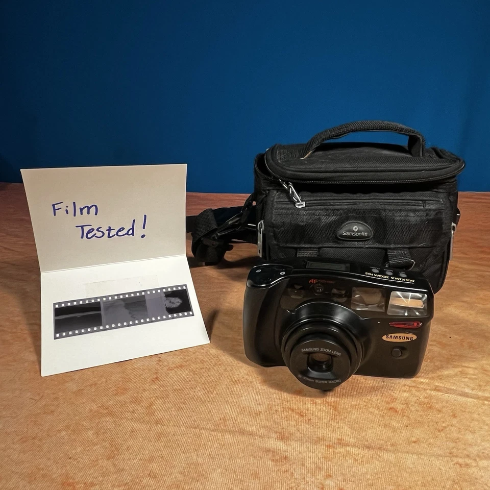 Equipo de cámara Samsung Máxima Zoom 105 35 mm con bolsa, baterías nuevas, probado con película Foto 1 de 4