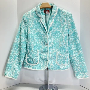 Oscar De La Renta Womens Aqua Blue White Lined Cotton Jewel Blazer Jacket Sz 14 - Picture 1 of 9