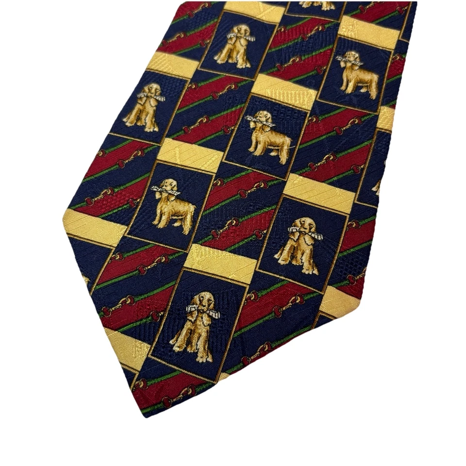 Vtg Tommy Hilfiger Necktie Yellow Lab Dog Leash Red Navy 100% Silk USA Heritage - Image 1 of 4