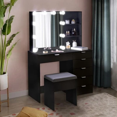 LED Vanity Table Set Sliding Lighted Mirror Dressing Table 6 Drawer Dresser Desk - Image 1 of 4