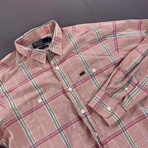 VTG Polo Ralph Lauren Shirt Men LG Pink Madras Plaid Button Down Long Sleeve 90s - Picture 1 of 14