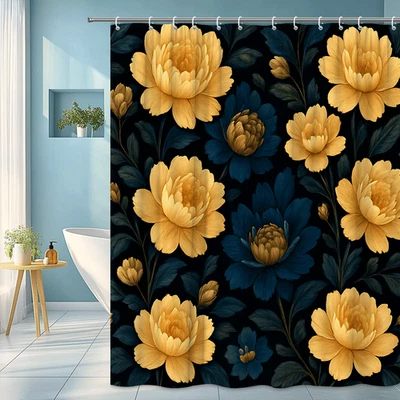 Cortina de ducha floral en amarillo y azul sobre fondo negro Foto 1 de 4