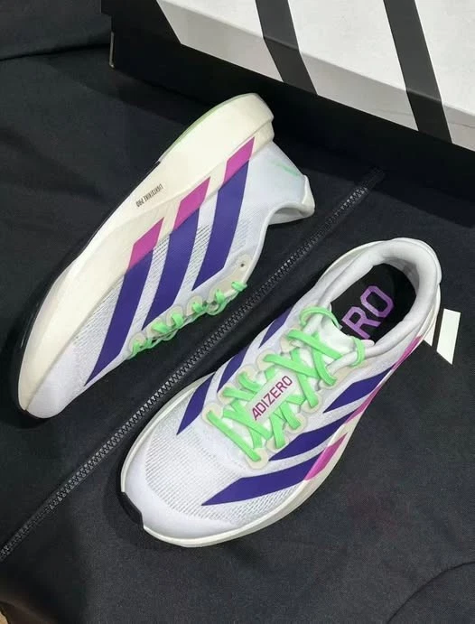 Tênis de corrida Adidas Adizero Evo SL masculino JS4495 branco roxo Lime Burst NOVO - Imagem 1 de 3