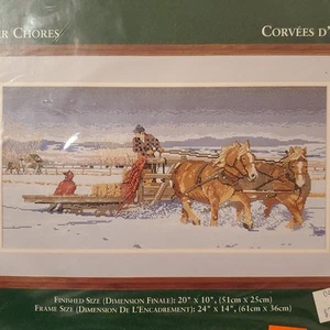 1999 Elsa Williams WINTER CHORES Cross stitch KIT draft horses snow farm scene - Picture 1 of 4