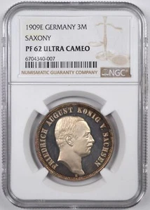 1909E GERMANY SAXONY 3M ULTRA CAMEO NGC PF 62 - Picture 1 of 2