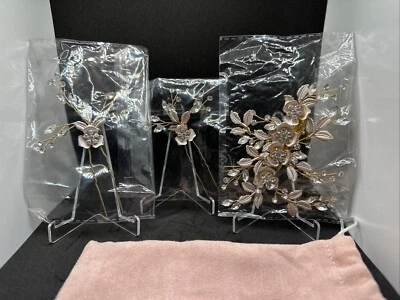 3 PC Wedding Bridal Bridesmaid Rose Gold Crystal Leaf Headpiece Hairpin Set - Image 1 of 4