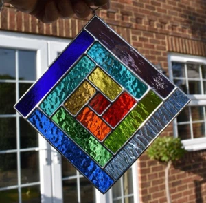 Stained Glass Panel Abstract Rainbow Suncatcher Geometric Handmade in England - Picture 1 of 2
