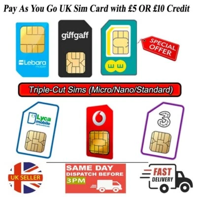 Pay As You Go UK Sim Card with £5 OR £10 Credit - For EE O2 Lyca Three Lebara - Image 1 of 4