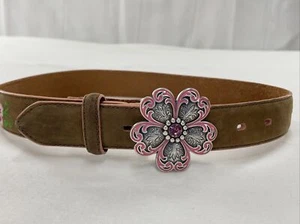Nocona Western Belt Girls Women Sz 24 Leather Embroidered Pink Flowers N4419602 - Picture 1 of 3