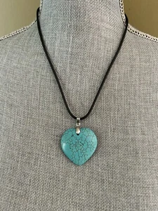 Heart Turquoise Heart Shape Howlite Pendant Black Cord Rope String 18” - Picture 1 of 6