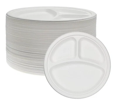50 x 3 Section Reusable Plastic Compartment Plates White Catering Weddings 26cm - Image 1 of 4
