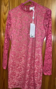 Ladies Size 14 Dress Long Sleeved Pink Lace Forever Unique - Picture 1 of 16