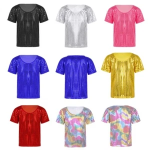 Kids Girls Sparkly Metallic Shiny Dance T-Shirt Boys Short Sleeves Loose T-Shirt - Picture 1 of 66