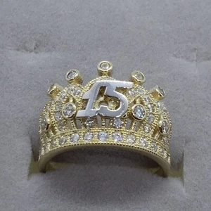 14K Solid Yellow Gold CZ Crown Sweet 15 Ring Quinceanera Anos Birthday Band Girl - Picture 1 of 16